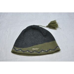 Swix Hat Beanie Tassel Wool Blend Gray Olive Nordic Ski Snow Winter Mens Medium